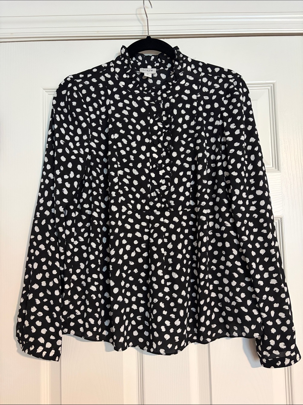 J Crew Black and White Dot Print Ruffle Long Sleeve Button-Down Blouse